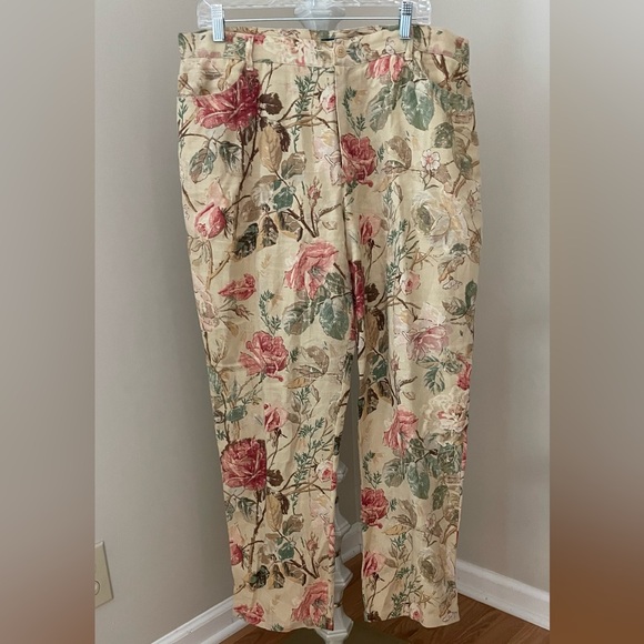 Vintage Lauren Ralph Lauren 100% Linen Khaki Floral High Waist Pants Size 14/16 - Picture 2 of 13
